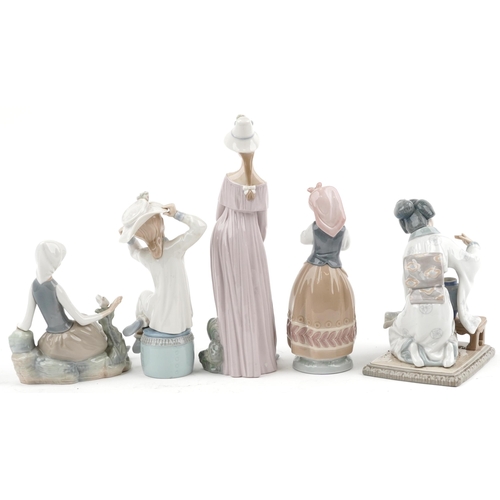 639 - Five Lladro figures and figurines including My Little Pet Girl looking at her Dog 4994 and Japanese ... 