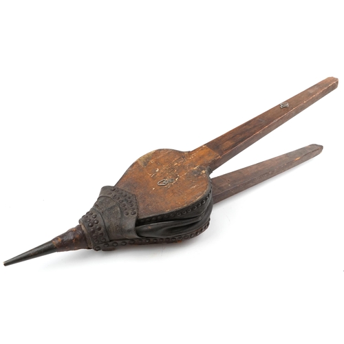 1373 - Pair of large leather mounted and studded blacksmith's forge bellows, 125cm in length