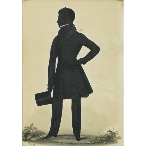 9 - Frederick Frith - Portrait of a gentleman holding a top hat, Georgian silhouette watercolour, indist... 
