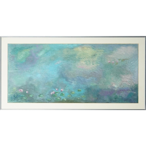 780 - Clive Fredriksson after Claude Monet - Lili pads on calm water, Impressionist oil on board, mounted,... 