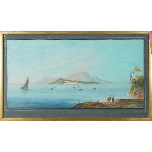 330 - Island of Ischia, 19th century Italian school gouache, mounted, framed and glazed, 83cm x 42.5cm exc... 