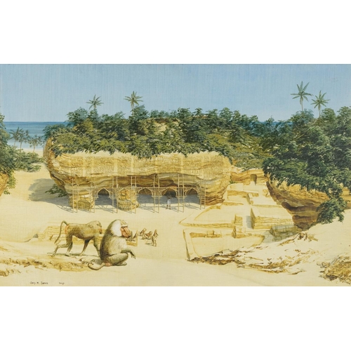 1122 - Gary M James - The Baboons Onlooking, Donga, oil on board, mounted and framed, 69cm x 44cm excluding... 