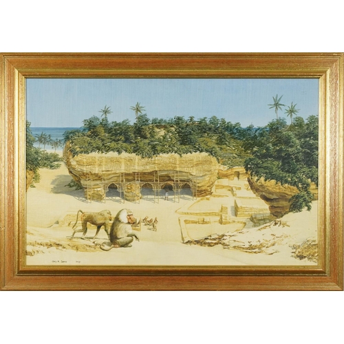 1122 - Gary M James - The Baboons Onlooking, Donga, oil on board, mounted and framed, 69cm x 44cm excluding... 