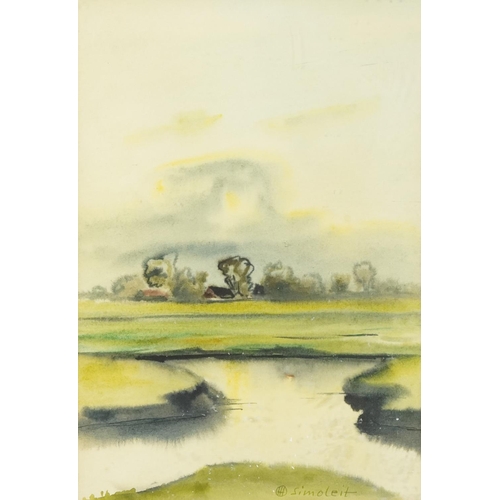 1488 - Hans Simoleit - Landscape with river, German Expressionist watercolour, Franz Leuwerbremen label ver... 