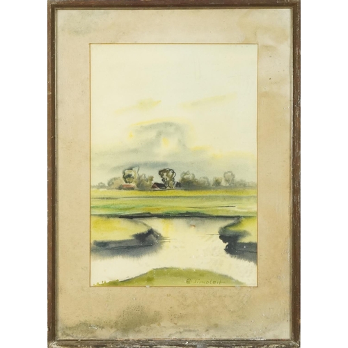 1488 - Hans Simoleit - Landscape with river, German Expressionist watercolour, Franz Leuwerbremen label ver... 