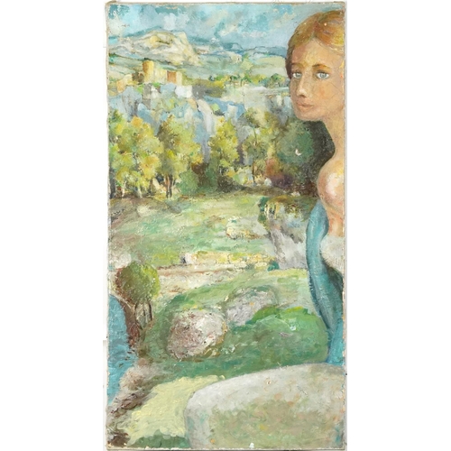 781 - Female before a landscape, surreal school oil on canvas, indistinctly inscribed Radziwill verso, unf... 