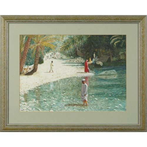 752 - James Lynch - Freshwater in Oman, gouache, details verso, mounted, framed and glazed, 40cm x 29cm ex... 