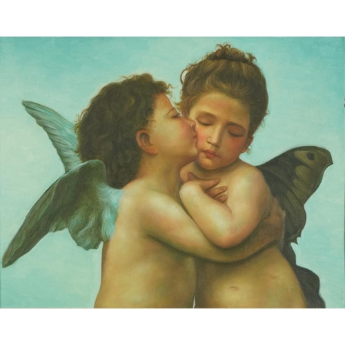 1462 - After William Adolphe Bouguereau - The First Kiss, oil on canvas laid on board, mounted and framed, ... 