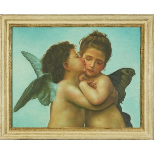 1462 - After William Adolphe Bouguereau - The First Kiss, oil on canvas laid on board, mounted and framed, ... 