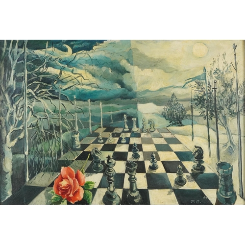 1701 - Surreal chess game, 1960s oil on board, framed, 59cm x 39.5cm excluding the frame