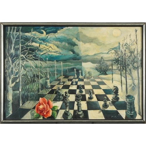 1701 - Surreal chess game, 1960s oil on board, framed, 59cm x 39.5cm excluding the frame