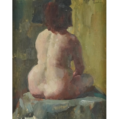 1554 - Nude female in an interior, Impressionist oil on board, bearing an indistinct signature, mounted and... 