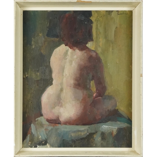 1554 - Nude female in an interior, Impressionist oil on board, bearing an indistinct signature, mounted and... 