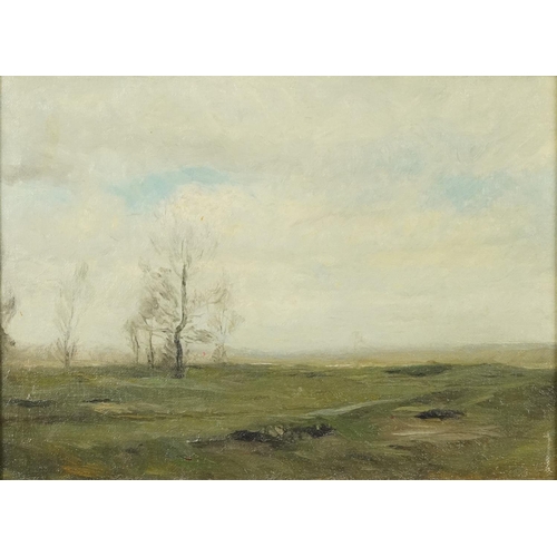 63 - Henry George Moon - Rural landscape, 19th century English school oil on board, inscribed verso, moun... 