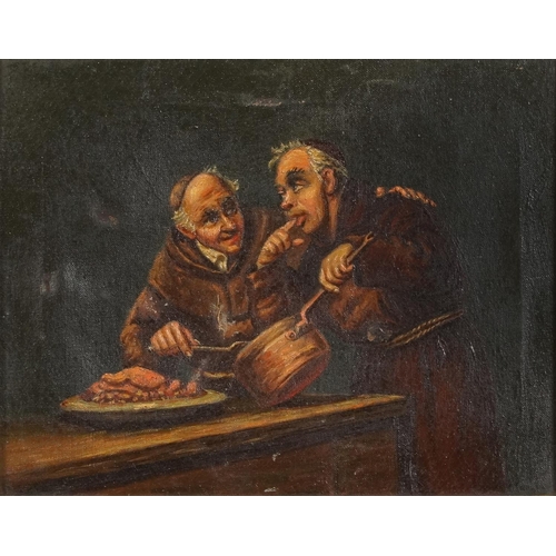 1414 - Monks in an interior, 19th century German school oil on canvas, mounted and framed, 26cm x 20.5 excl... 