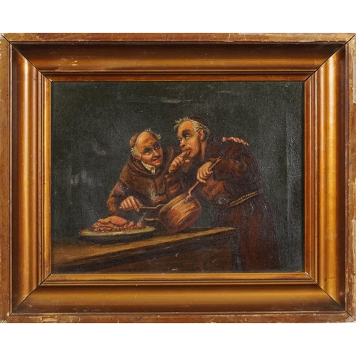 1414 - Monks in an interior, 19th century German school oil on canvas, mounted and framed, 26cm x 20.5 excl... 