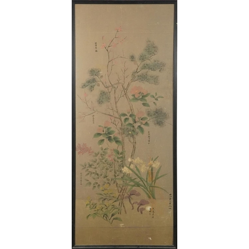 1230 - Flowers before trees, Chinese ink and watercolour with various calligraphy, framed, 135cm x 57.5cm e... 