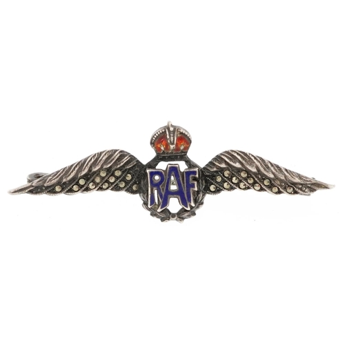 1841 - Military interest silver marcasite and enamel RAF sweetheart bar brooch, 5cm wide, 3.9g