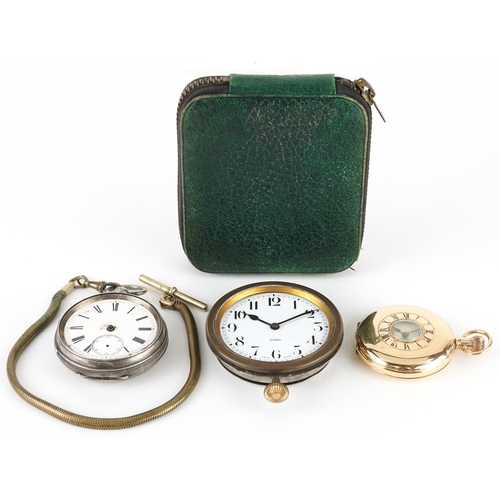 2793 - Two gentlemen's pocket watches and an eight day travel pocket watch including a Victorian silver ope... 