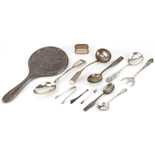 1456 - Georgian and later silver including tablespoon, napkin ring, sugar tongs and hand mirror, the larges... 