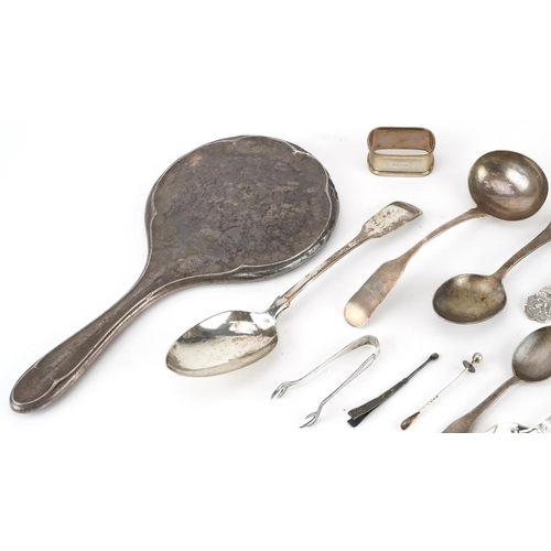 1456 - Georgian and later silver including tablespoon, napkin ring, sugar tongs and hand mirror, the larges... 