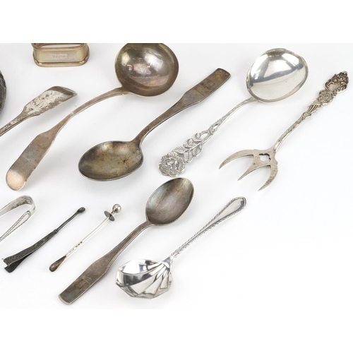 1456 - Georgian and later silver including tablespoon, napkin ring, sugar tongs and hand mirror, the larges... 