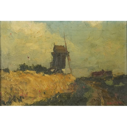 735 - Landscape with windmill, 19th century European Impressionist oil on canvas bearing an indistinct sig... 