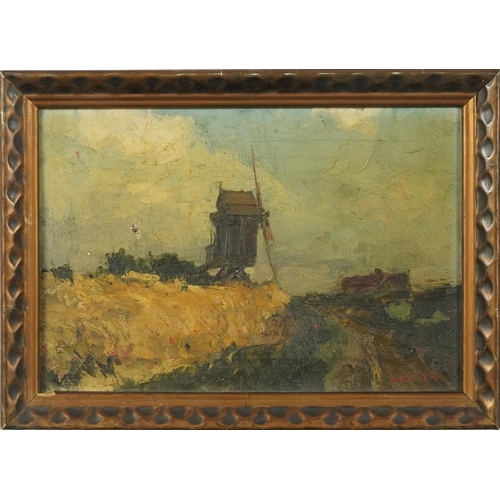 735 - Landscape with windmill, 19th century European Impressionist oil on canvas bearing an indistinct sig... 