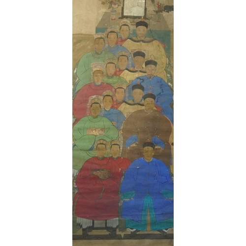 289 - Ancestral portraits, Chinese watercolour wall hanging scroll, mounted, framed and glazed, 164cm x 67... 