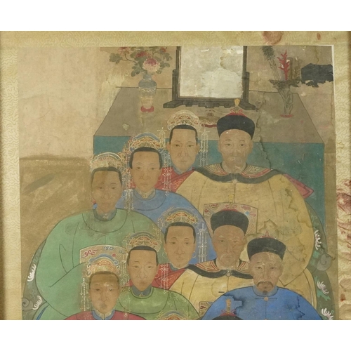 289 - Ancestral portraits, Chinese watercolour wall hanging scroll, mounted, framed and glazed, 164cm x 67... 