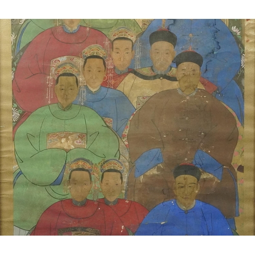 289 - Ancestral portraits, Chinese watercolour wall hanging scroll, mounted, framed and glazed, 164cm x 67... 