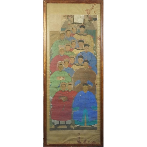 289 - Ancestral portraits, Chinese watercolour wall hanging scroll, mounted, framed and glazed, 164cm x 67... 