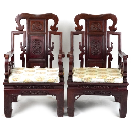 1126 - Pair of Chinese carved hardwood throne seats with lift of cushioned seats, possibly Hongmu, each 107... 
