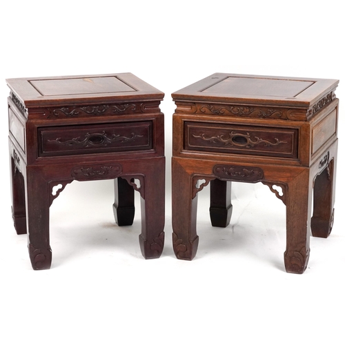 1073 - Pair of Chinese carved hardwood tables with square tops, possibly Hongmu, each 59.5cm H x 49cm W x 4... 