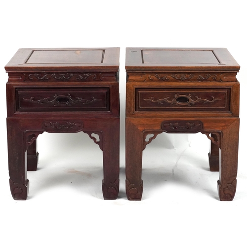 1073 - Pair of Chinese carved hardwood tables with square tops, possibly Hongmu, each 59.5cm H x 49cm W x 4... 