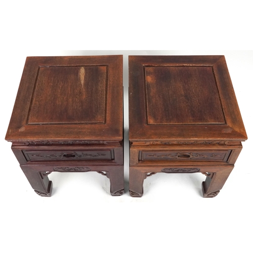 1073 - Pair of Chinese carved hardwood tables with square tops, possibly Hongmu, each 59.5cm H x 49cm W x 4... 