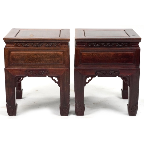 1073 - Pair of Chinese carved hardwood tables with square tops, possibly Hongmu, each 59.5cm H x 49cm W x 4... 