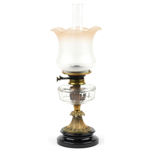 1393 - Victorian brass and glass oil lamp with Duplex burner and frosted shade, 55cm high