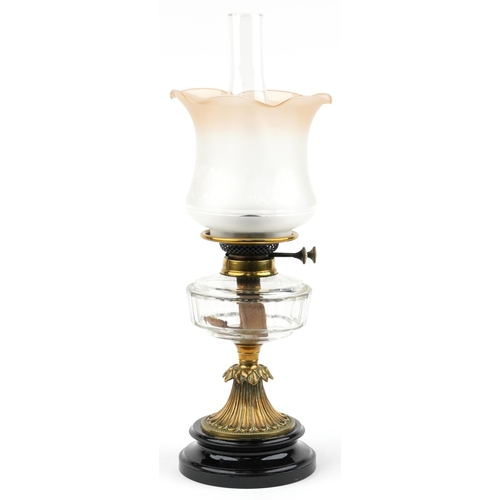 1393 - Victorian brass and glass oil lamp with Duplex burner and frosted shade, 55cm high