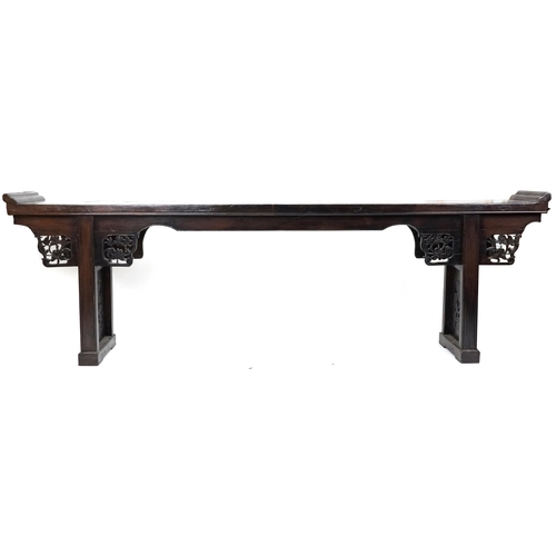 1130 - Chinese hardwood altar table carved with flowers, 99cm H x 302cm W x 43cm D