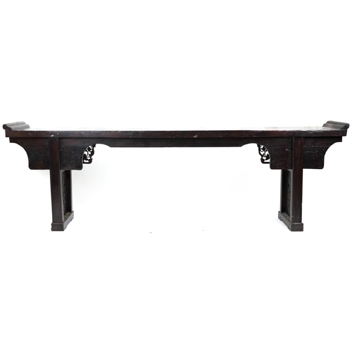 1130 - Chinese hardwood altar table carved with flowers, 99cm H x 302cm W x 43cm D