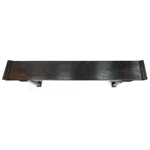 1130 - Chinese hardwood altar table carved with flowers, 99cm H x 302cm W x 43cm D