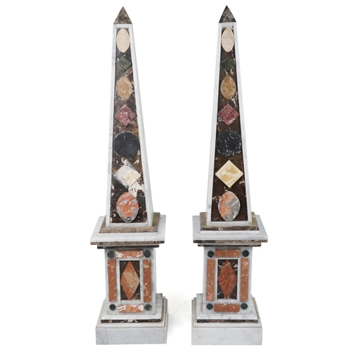 1013 - Pair of Grand Tour style floor standing white marble and hardstone obelisks on square stands, each 1... 