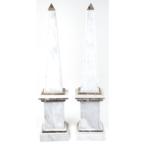 1013 - Pair of Grand Tour style floor standing white marble and hardstone obelisks on square stands, each 1... 