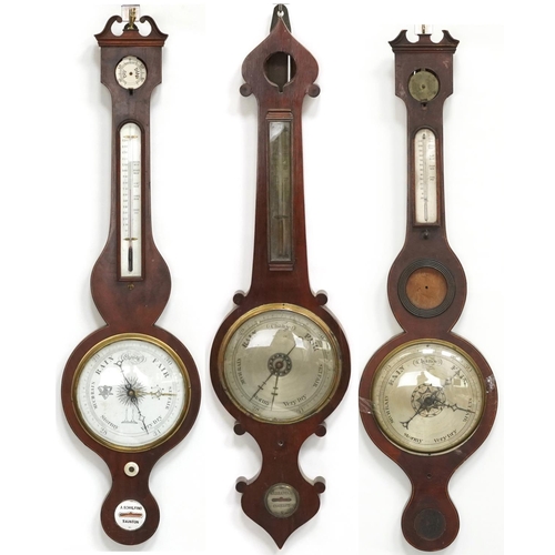 1454 - Three 19th century mahogany wall barometers with thermometers, one with enamelled plaque, enamelled ... 