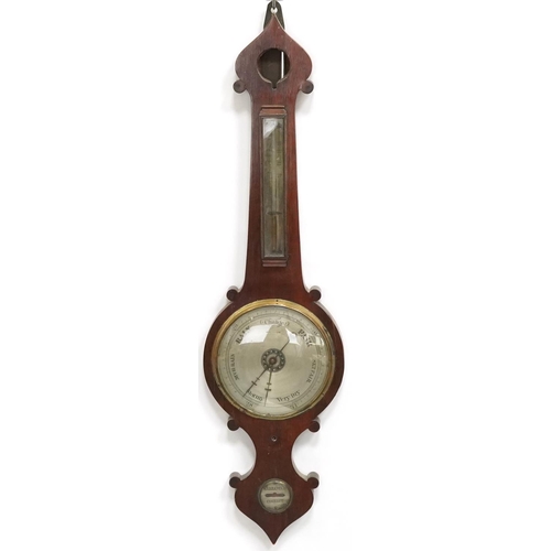 1454 - Three 19th century mahogany wall barometers with thermometers, one with enamelled plaque, enamelled ... 