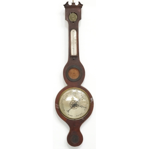 1454 - Three 19th century mahogany wall barometers with thermometers, one with enamelled plaque, enamelled ... 