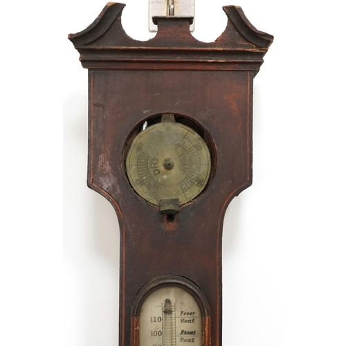 1454 - Three 19th century mahogany wall barometers with thermometers, one with enamelled plaque, enamelled ... 