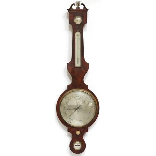 1451 - 19th century mahogany banjo barometer thermometer with silvered dials, one engraved J Vago of London... 