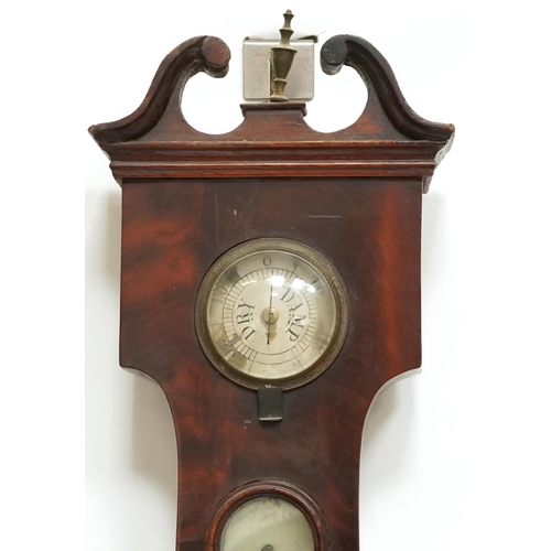 1451 - 19th century mahogany banjo barometer thermometer with silvered dials, one engraved J Vago of London... 